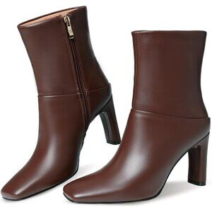 Women's Brown Square Toe Ankle Boots Low Heel Side Zipper Comfort Dressy